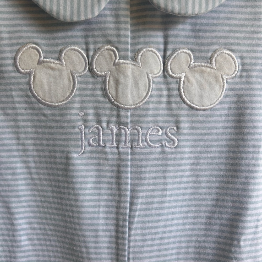 NWT *Cecil & Lou” Embroidered Baby Romper with Mickey Ears - Light Blue & White